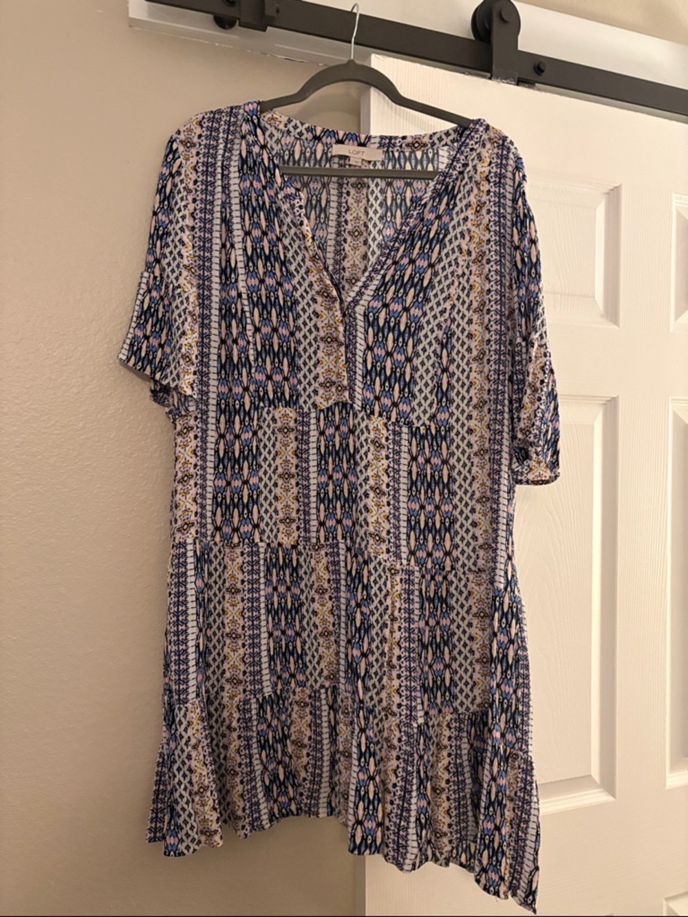 LOFT Blue, Cream & Pink Patterned Dress - Size Large